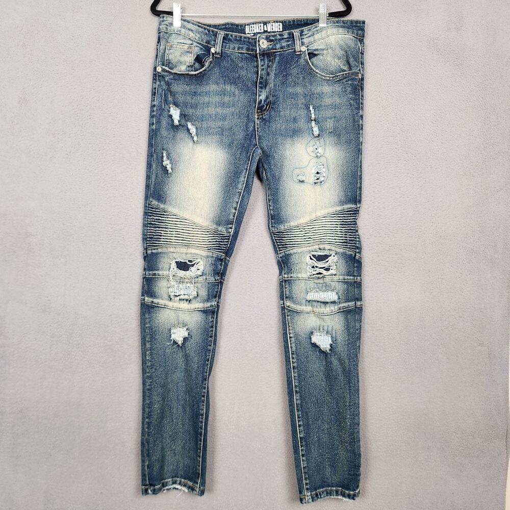 Bleecker & Mercer Jeans Mens 36x34 Blue Slim Fit Moto Distressed Stretch Denim